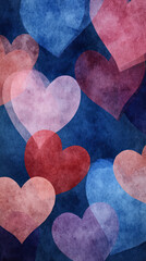 Fototapeta premium Watercolor heart shapes in red, pink, purple, and blue tones overlap on textured dark blue background, creating soft romantic and artistic pattern full of warmth and emotion