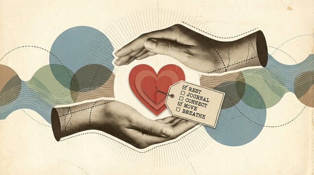 Protective hands surrounding layered heart with checklist tag showing rest, journal, connect, move, breathe for wellness and self care concept