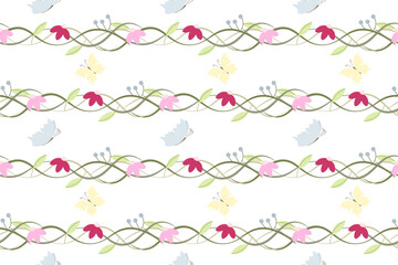 Seamless vector pattern featuring horizontal rows of green vines with pink flowers and yellow and blue butterflies. Delicate airy spring design for borders and textiles.