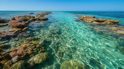 A serene, crystal-clear ocean with colorful coral formations and rocks, under a clear blue sky.