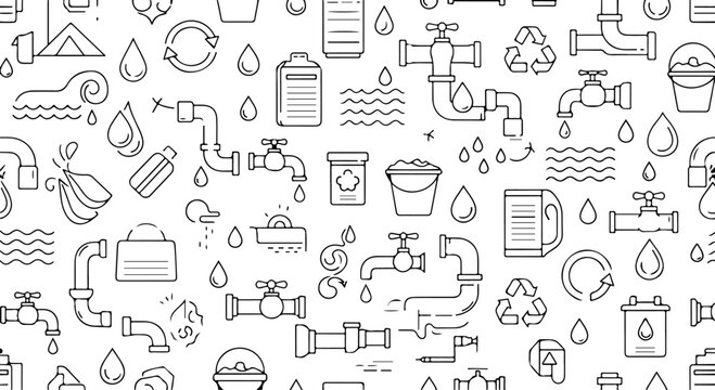Seamless vector pattern featuring various black outline icons related to water, plumbing, and conservation, isolated on a clean white background.