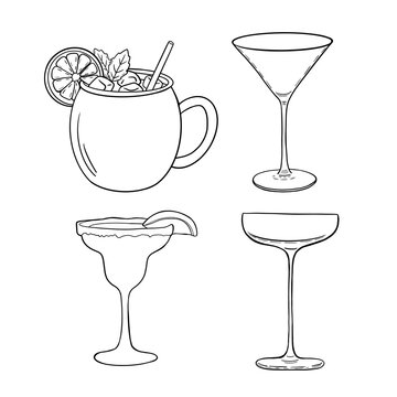 Black and white vector illustration of two classic cocktails &mdash; Moscow Mule in a traditional copper mug with lime garnish and Margarita in a stemmed glass with salted rim and lime slice. 