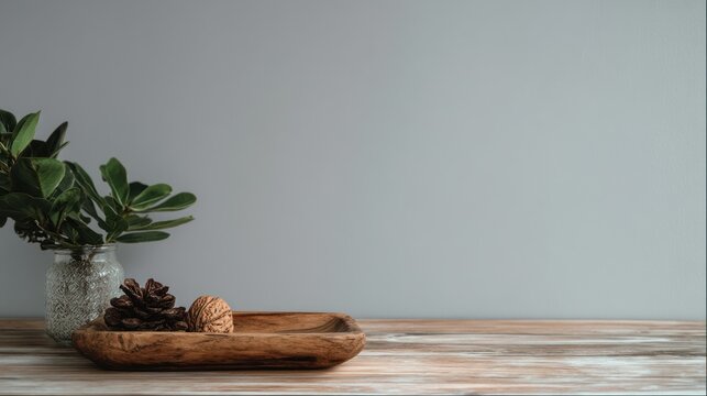 A rustic wooden tray with a single walnut on it, placed on a weathered wooden table against a plain gray wall, with a potted plant and a vase of greenery in the background.