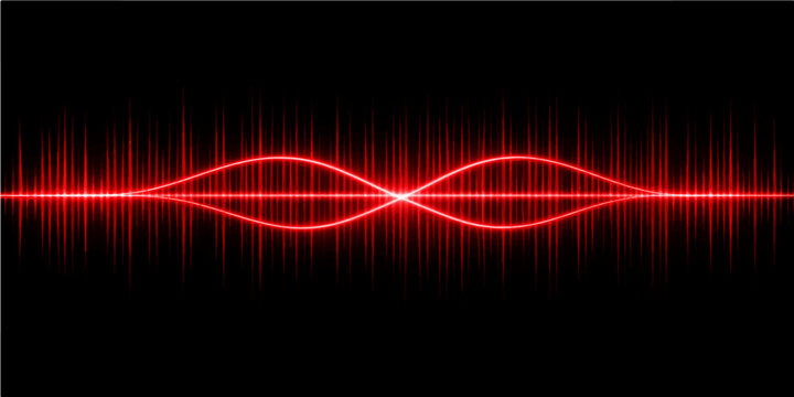 A futuristic digital wallpaper featuring a red abstract background with glowing laser lines and a wave design that resembles a medical heartbeat ecg or a music equalizer sound graph