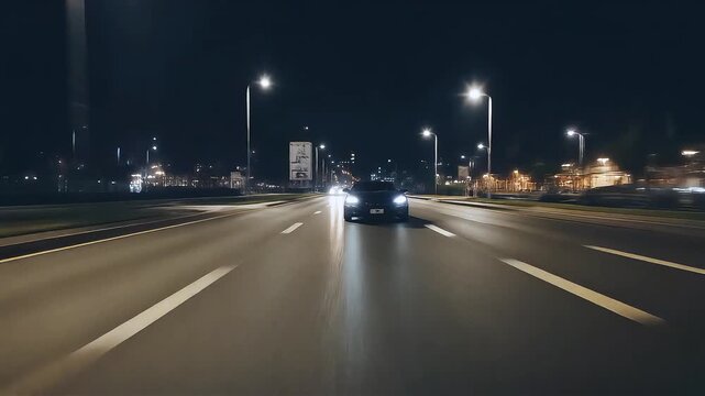 Fast car driving at night on urban asphalt road, cinematic city lights and motion blur, high speed automotive performance and modern metropolitan lifestyle concept.