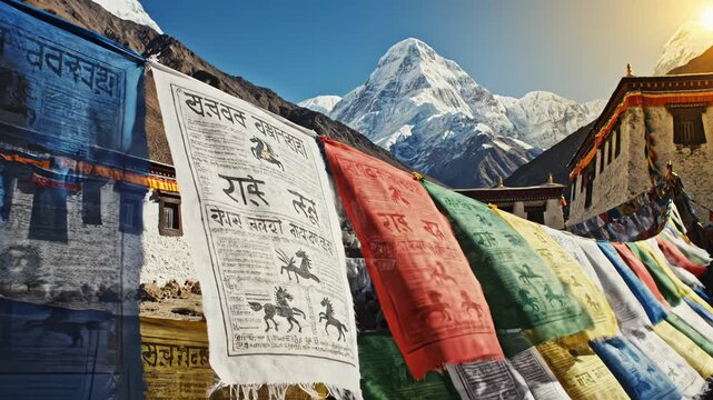 Vibrant Prayer Flags Fluttering in the Wind Against a Majestic Snow-Capped Mountain Peak Under a Clear Blue Sky with Traditional Stone Buildings and Warm Sunlight