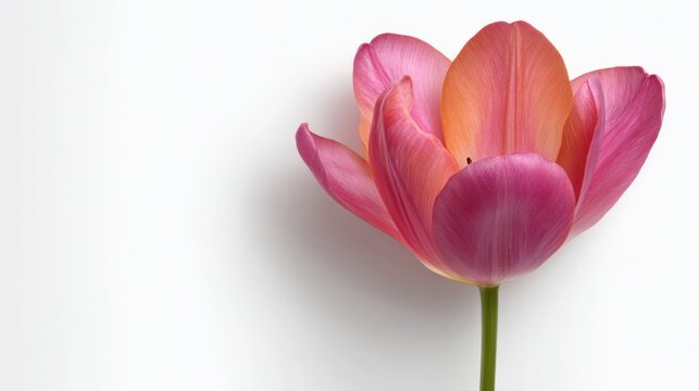 A single pink tulip with a green stem against a white background.