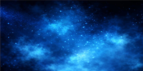 Deep blue space background featuring a bright nebula and distant galaxy stars across a dark starry night sky within the vast abstract cosmos of the outer universe © alien