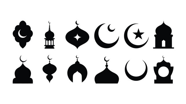 Eid ul fitr silhouette logo icon set featuring mosque and crescent moon symbols on white background for ramadan celebrations