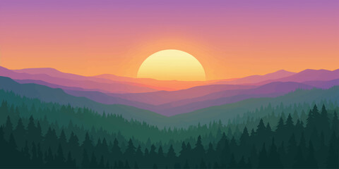 Mist covered mountain valley at sunrise with a red glowing sky and winter forest trees under a soft morning light during sunset or dawn © Mehedi