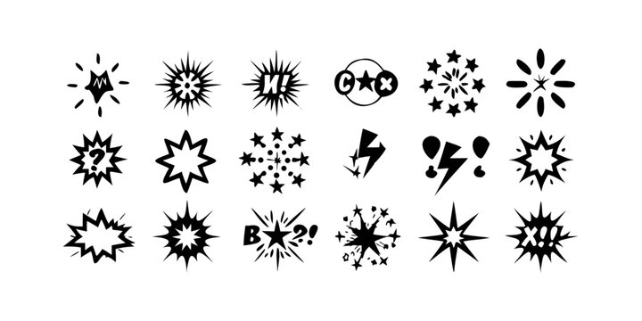 A collection of various star and asterisk symbols in black and white Vector