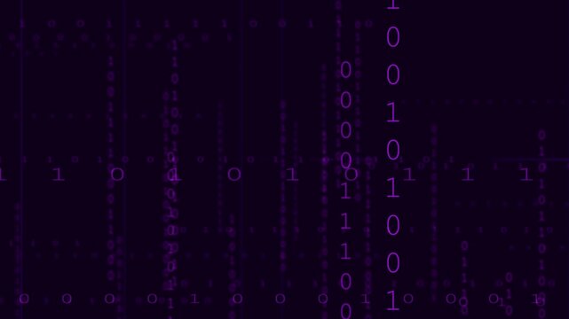 Digital Cascade: A stream of binary code cascades down a deep purple background, creating a visual representation of data flow and the intricacies of the digital world.