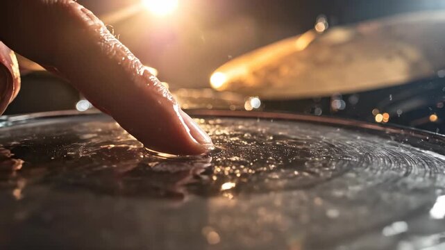 Close-up of DJs Hand Touching Turntable During Music Performance.