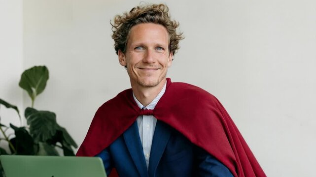 Man in office wearing red superhero cape symbolizing leadership ambition productivity and workplace success in modern corporate environment