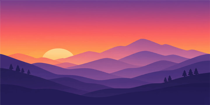 Misty mountain landscape at sunset and sunrise with a red sun glowing over foggy peaks and a forest valley in a blue sky vector