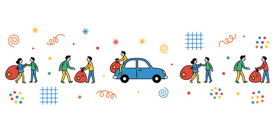 Naklejka premium Couple carrying gift bags from car with colorful patterns around 
