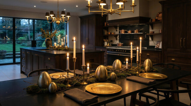 Elegant dark wood dining room featuring a long formal table set for a candlelit meal, gold accents, chandelier lighting, and open kitchen shelving in a sophisticated home interior