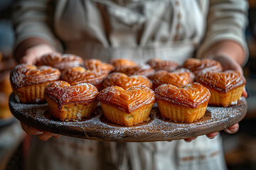 Baker holding tray of heart shaped sweet buns with powdered sugar, fresh homemade pastry for valentine day or romantic breakfast.