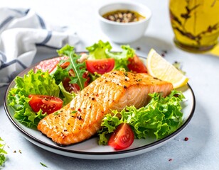 Plate of cooked salmon fillet with vibrant salad and lemon