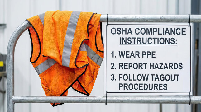 Orange safety vest with reflective stripes hanging on metal railing next to OSHA compliance instructions sign emphasizing PPE use, hazard reporting, and tagout procedures for workplace safety