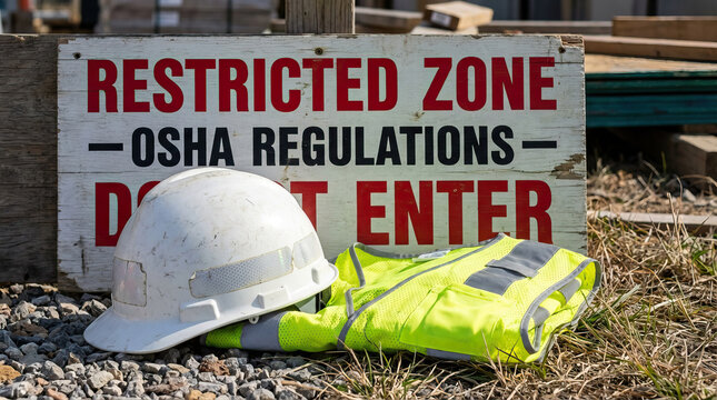 Construction safety gear white hard hat yellow safety vest restricted zone sign OSHA regulations do not enter sign worksite safety protective equipment outdoor construction site safety warning