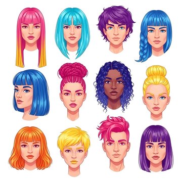 Vibrant cartoon portraits of diverse women with colorful hair styles