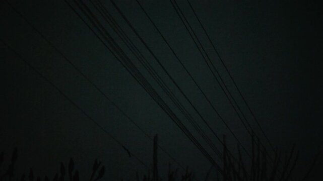 Power lines sway in the wind against a dark, gloomy sky. The low angle creates tension and a sense of foreboding. Ideal for depicting storms, hurricanes, power outages, and danger