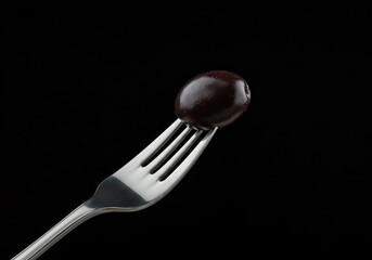 Close up view of a silver dining fork holding a single ripe, dark olive, ready for eating, isolated food object ,gourmet ,macro ,fork