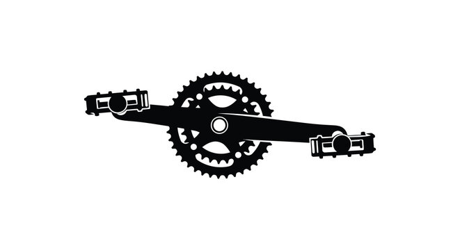 A stark black and white illustration depicts a bicycle crankset showcasing the chainrings crank arms and pedal spindles high quality professional