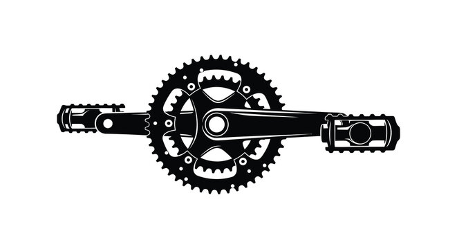 A detailed black and white illustration showcases a bicycle crankset including chainrings crank arms and pedals high quality professional