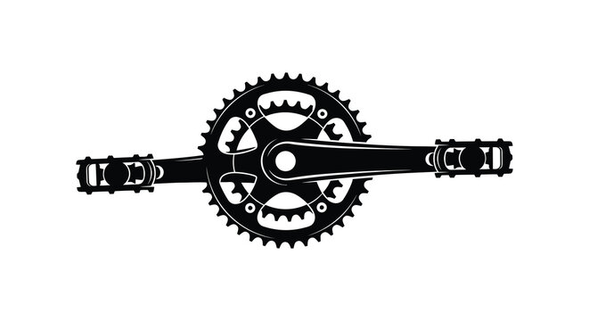 A detailed black and white illustration showcases bicycle chainrings and crank arms representing cycling mechanics and components high quality