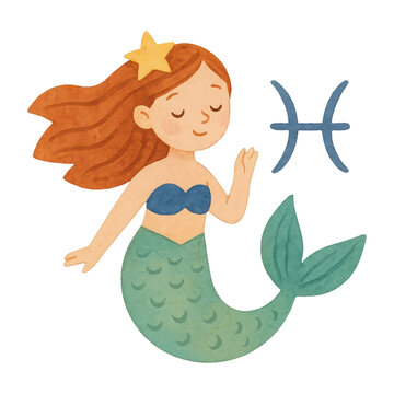 PNG Whimsical mermaid with Pisces symbol.