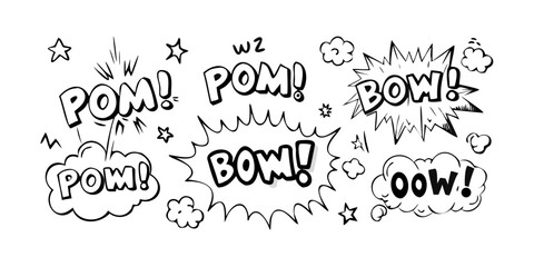 A collection of comic book style sound effect words in speech bubbles. Vector © Md Kazi Rahman