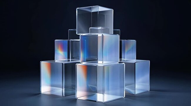 Glass blocks, transparent cubes, prismatic shapes, colorful refractions
