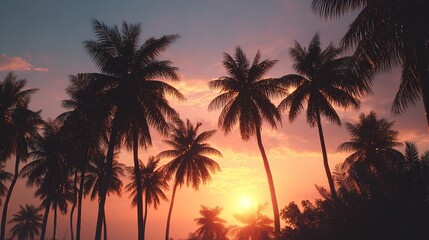Obraz premium Tropical Sunset Silhouette: Majestic palm trees stand in silhouette against a vibrant sunset sky, casting a serene and beautiful scene, evoking tranquility and the essence of paradise.