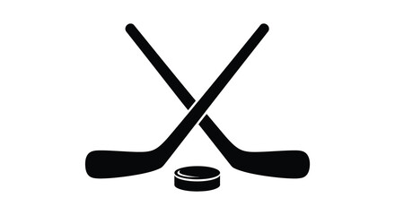 A simple black and white illustration depicts two crossed hockey sticks and a puck representing the sport high quality professional detailed © Tushar02