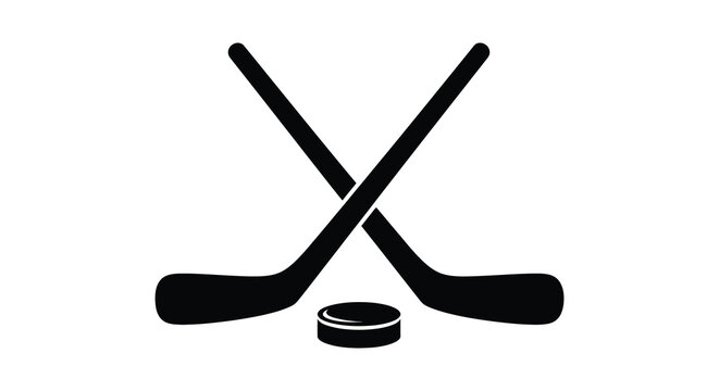 A simple black and white illustration depicts two crossed hockey sticks and a puck representing the sport high quality professional detailed