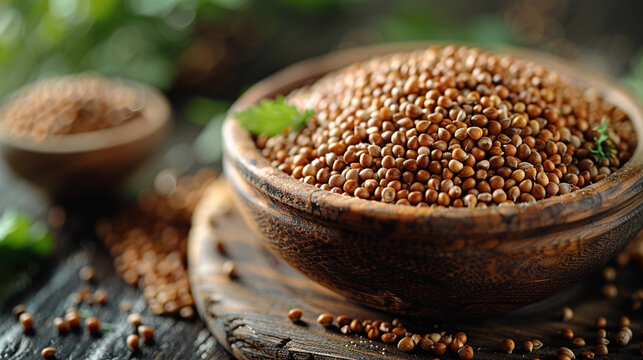Raw buckwheat groats in rustic wooden bowl on burlap sack, healthy organic cereal grain for vegan diet and gluten free cooking.