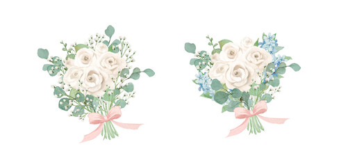 Watercolor white Rose and Baby's Breath Bouquet with Ribbon: Elegant Floral Gift for Mother's Day and Wedding-300dpi-