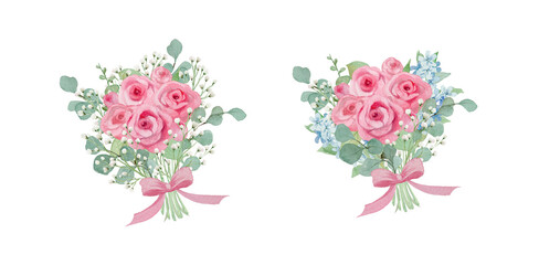 Watercolor Pink Rose and Baby's Breath Bouquet with Ribbon: Elegant Floral Gift for Mother's Day and Wedding-300dpi-