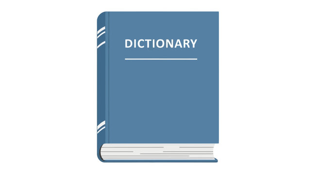 A blue dictionary book standing upright on a white background, viewed from the front, showcasing its cover and pages