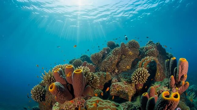 Vibrant coral reef ecosystem underwater with diverse tropical fish swimming in clear turquoise ocean water sunbeams filtering through surface creating a peaceful and serene mood