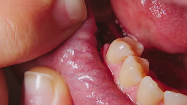 Close-up of a mouth after tooth extraction surgery. Shows the empty socket with a blood clot, bleeding gums, and surrounding teeth. Medical concept of dental care and post-operative healing
