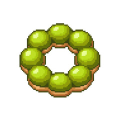 Pixel art matcha donut with green mochi balls, retro game style, isolated on white