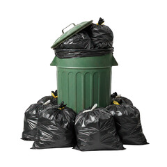 Overflowing Green Trash Can with Black Garbage Bags Piled Around