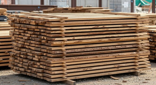 Stack of wooden planks in a warehouse.