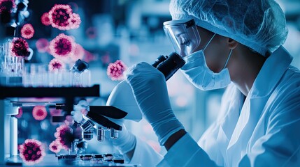 Healthcare workers or doctors use equipment to study cells and microorganisms