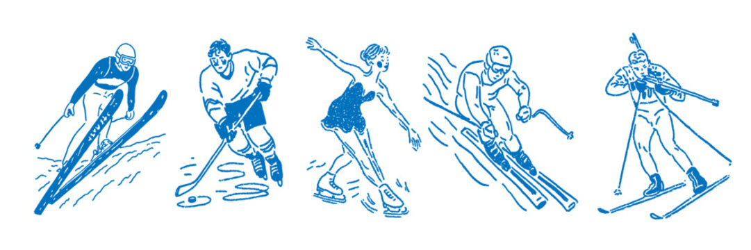 Winter sports athletes illustrated as hand drawn sketch doodle set isolated on plain background