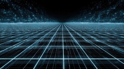 Fototapeta premium Digital Gridscape: An abstract depiction of the digital world, with a grid of intersecting lines forming a vast, open landscape bathed in cool blue light, suggesting data, connectivity.