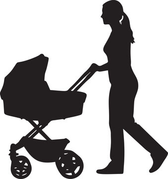 Woman pushing a baby stroller, side profile silhouette of a mother on a walk, representing daily parenting life